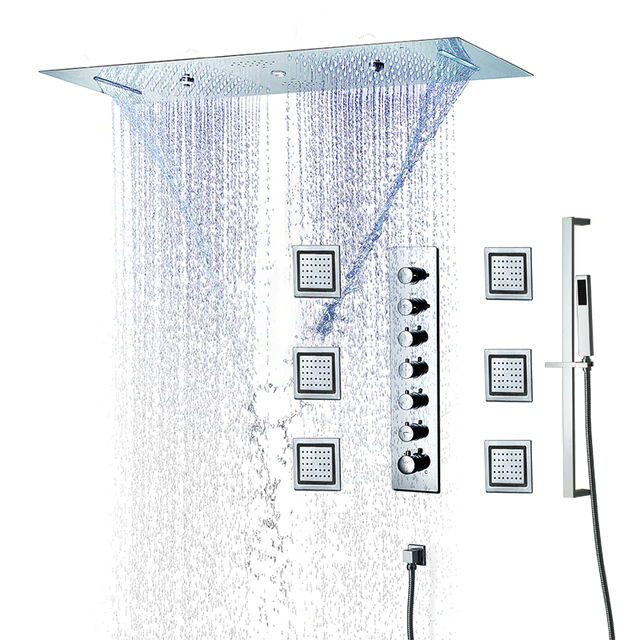 Fontana Dijon Thermostatic Remote Controlled Luxurious LED Recessed Ceiling Mount Rainfall Waterfall Mist Musical Shower System with Jetted Body Sprays and Hand Shower
